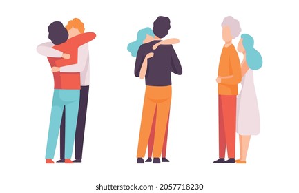 People Characters Embracing Each Other Soothing and Supporting Vector Illustration Set