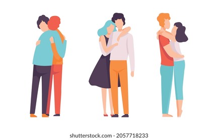People Characters Embracing Each Other Soothing and Supporting Vector Illustration Set