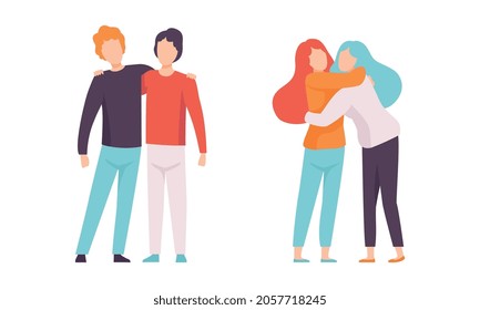 People Characters Embracing Each Other Soothing and Supporting Vector Illustration Set