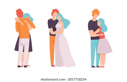 People Characters Embracing Each Other Soothing and Supporting Vector Illustration Set