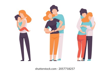 People Characters Embracing Each Other Soothing and Supporting Vector Illustration Set