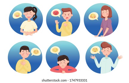 People Characters with Emoji Showing Different Emotional States and Feeling Like Boredom and Anger Vector Set