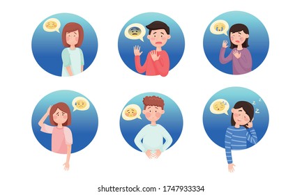 People Characters with Emoji Showing Different Emotional States and Feeling Like Sadness and Scare Vector Set