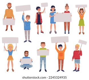 People Characters with Empty Placard and Banner Engaged in Protest and Demonstration Vector Set