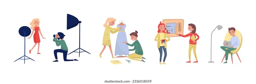 Personajes de la gente involucrados en la ocupación creativa y el conjunto de vectores de trabajo