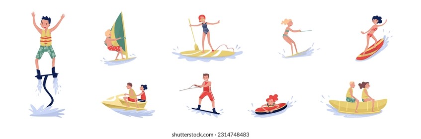 People Characters Engaged in Water Summertime Sport Vector Illustration Set