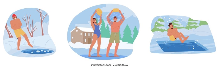 Personas Personajes Que Se Dedican A La Natación De Invierno Para La Salud Y La Diversión En Un Paisaje Nevado. La Escena Capta La Alegría Y La Aventura De Los Deportes Acuáticos Helados Durante La Temporada Fría. Ilustración vectorial de dibujos animados