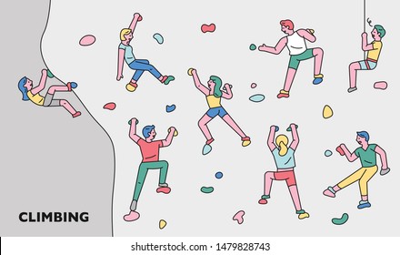 People characters enjoying indoor rock climbing leisure sport. flat design style minimal vector illustration.