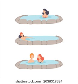 People Characters Enjoying Outdoor Thermal Spring Relaxing in Hot Water Vector Set