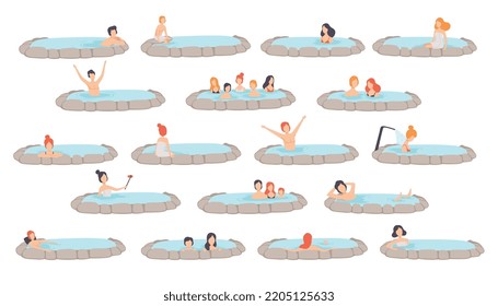 People Characters Enjoying Outdoor Thermal Spring Relaxing in Hot Water Vector Set