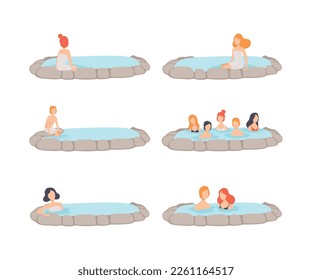 People Characters Enjoying Outdoor Thermal Spring Relaxing in Hot Water Vector Set