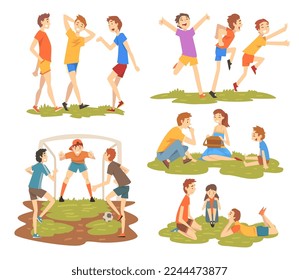 People Characters Enjoying Summer Walking, Having Picnic and Playing Football Vector Set