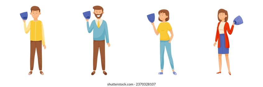 People Characters Expressing Emotion Hiding Behind Mask with Fake Feeling Vector Set