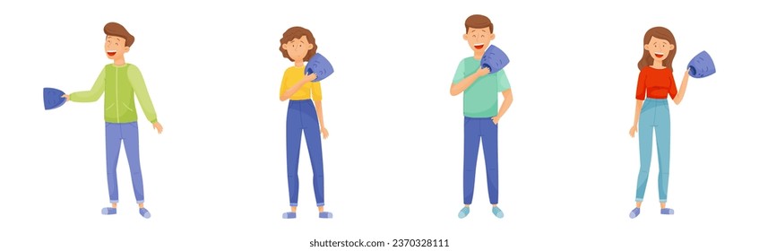 People Characters Expressing Emotion Hiding Behind Mask with Fake Feeling Vector Set