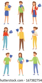 People Characters Expressing Various Emotions Standing and Holding Masks with Opposite Emotions in Their Hands Vector Illustrations Set