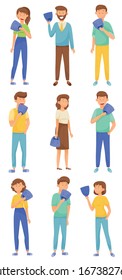 People Characters Expressing Various Emotions Standing and Holding Masks with Opposite Emotions in Their Hands Vector Illustrations Set