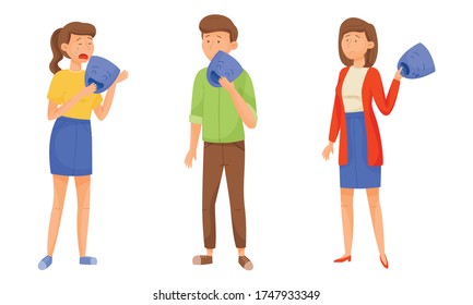People Characters Expressing Various Emotions Standing and Holding Masks with Opposite Emotions in Their Hands Vector Illustrations Set