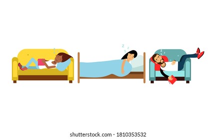 People Characters Fallen Asleep on Couch While Reading Vector Illustration Set