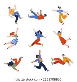 People Characters Falling Down After Slip on the Ground Vector Set