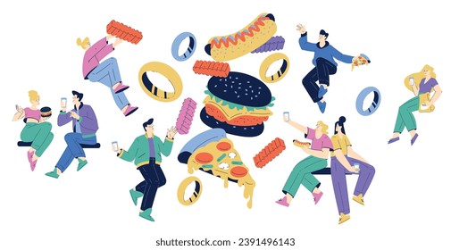 People Characters with Fast Food Items Floating in the Air Vector Illustration