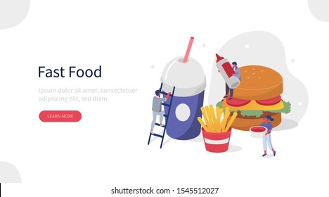 People Characters in Fast Food Restaurant. Women and Men Eating Burger, French Fries and Drinking Soda. Workers and Customers in Food Court Cafe. Fastfood Concept. Flat Isometric Vector Illustration. 