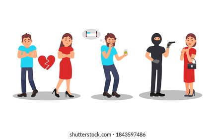 People Characters with Fear of Relationship and Killers Vector Illustration Set