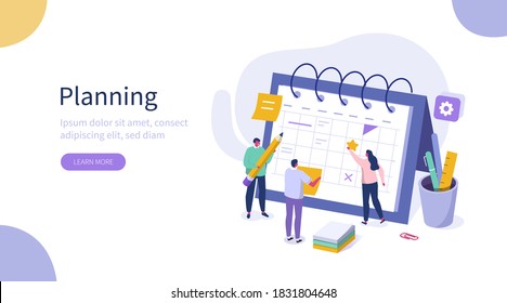 People Characters Filling Planning Schedule. Man and Woman Left Notes, Manage and Organize their Work and Time. Business Plan and Time Management Concept. Flat Isometric Vector Illustration. 