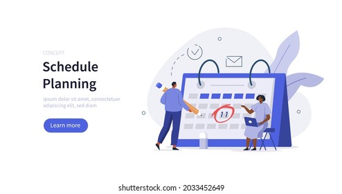 People characters filling schedule. Man and Woman planning, managing and organizing their life and work and time. Business plan and time management concept. Flat cartoon vector illustration isolated.