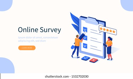 People Characters Filling Test in Customer Survey Form. Woman and Man putting Check Mark on Checklist. Customer Experiences and Satisfaction Concept. Flat Isometric Vector Illustration.