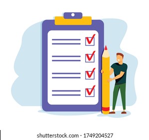 People Characters Filling Test in Customer Survey Form. Woman and Man putting Check Mark on Checklist. Customer Experiences and Satisfaction Concept. Flat Isometric Vector Illustration.