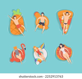 Personajes de la gente flotando en la colchoneta de aire y en el anillo de goma en el conjunto de vectores superior de la piscina