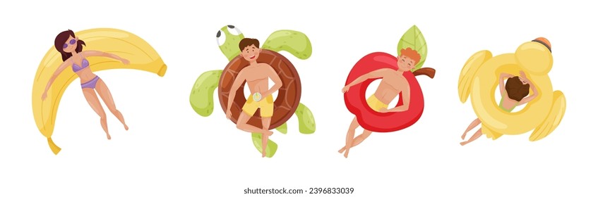 People Characters Floating on Air Mattress or Rubber Rings in Swimming Pool Vector Set