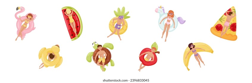 People Characters Floating on Air Mattress or Rubber Rings in Swimming Pool Vector Set