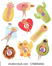People Characters Floating on Inflatable Rafts or Rubber Swim Tubes of Different Shapes in Swimming Pool Vector Illustrations Set