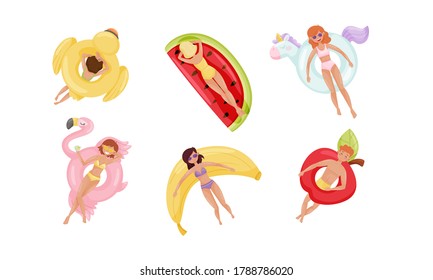 People Characters Floating on Inflatable Rafts or Rubber Swim Tubes of Different Shapes in Swimming Pool Vector Illustrations Set