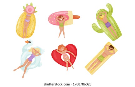 People Characters Floating on Inflatable Rafts or Rubber Swim Tubes of Different Shapes in Swimming Pool Vector Illustrations Set