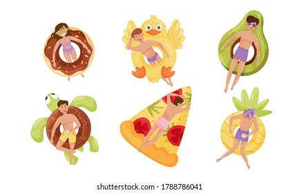 People Characters Floating on Inflatable Rafts or Rubber Swim Tubes of Different Shapes in Swimming Pool Vector Illustrations Set