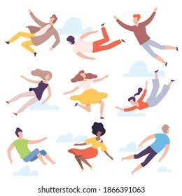 People Characters Flying and Floating in the Air Vector Illustration Set