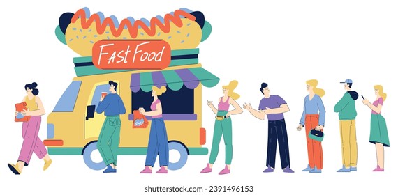 People Characters at Food Truck Take Order at Counter Standing in Queue Vector Illustration