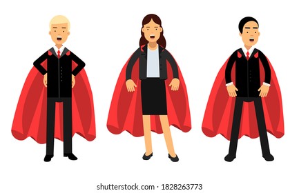 People Characters in Formal Suit and Red Capes in Different Poses Vector Illustration Set