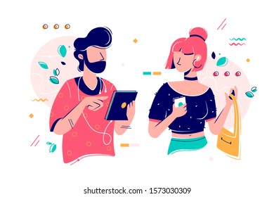 People characters with gadgets vector illustration. Man using tablet, listening to music via special app and earphones. Woman surfing internet via modern smartphone flat style concept