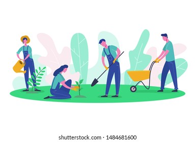 People characters Gardener and Farmer Work in Garden. Woman Harvest Tree, Female Planting green, Man digging. Flat Cartoon Vector Illustration clean ecology and garden tools