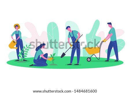 People characters Gardener and Farmer Work in Garden. Woman Harvest Tree, Female Planting green, Man digging. Flat Cartoon Vector Illustration clean ecology and garden tools