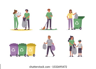 People characters gathering waste and cleaning nature. Woman, man and kid disposing garbage into separate bins. Paper, plastic and other household waste recycling. Flat cartoon vector illustration.