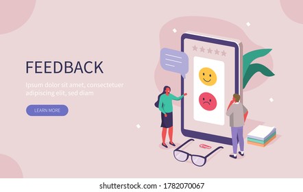 People Characters Giving Feedback. Clients Choosing Satisfaction Rating and Leaving Positive or Negative Review. Customer Service and User Experience Concept. Flat Isometric Vector Illustration.