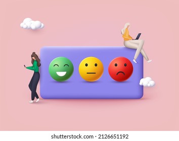 People Characters Giving Feedback. Vector customer review concepts. Rating scale of red, orange, yellow and green emoticons. Reviews stars with good and bad rate and text. 3D Web Vector Illustrations.