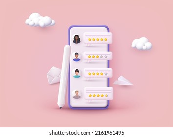 People Characters Giving Feedback. Vector customer review concepts. Reviews stars with good and bad rate and text. 3D Web Vector Illustrations.