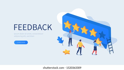 People Characters Giving Five Star Feedback. Clients Choosing Satisfaction Rating and Leaving Positive Review. Customer Service and User Experience Concept. Flat Isometric Vector Illustration. - Shutterstock ID 1520363309