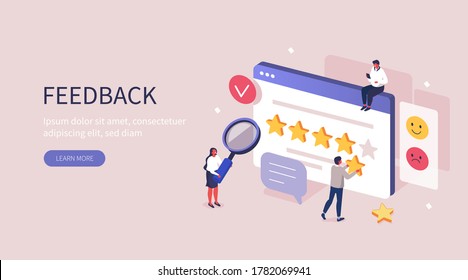 People Characters Giving Five Star Feedback. Clients Choosing Satisfaction Rating and Leaving Positive Review. Customer Service and User Experience Concept. Flat Isometric Vector Illustration.