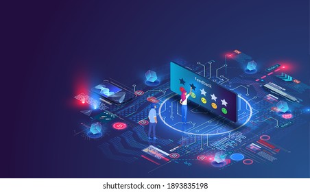 People characters giving five star Feedback. Customer feedback page, leave your opinion, user experience. Client choosing satisfaction rating and leaving positive Review. Isometric Vector Illustration